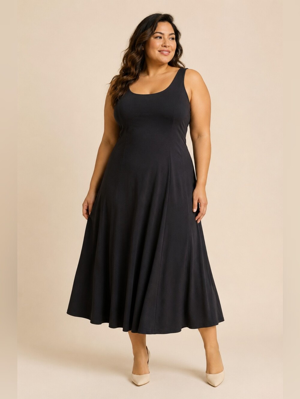 Plus-Size Black Scoop Neck Midi Dress